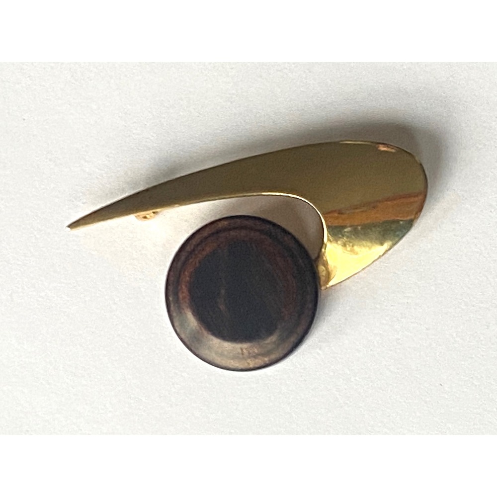 Vintage Mid Century Modern MCM Gold Tone Wood Boomerang Abstract Brooch Pin 2.5"
